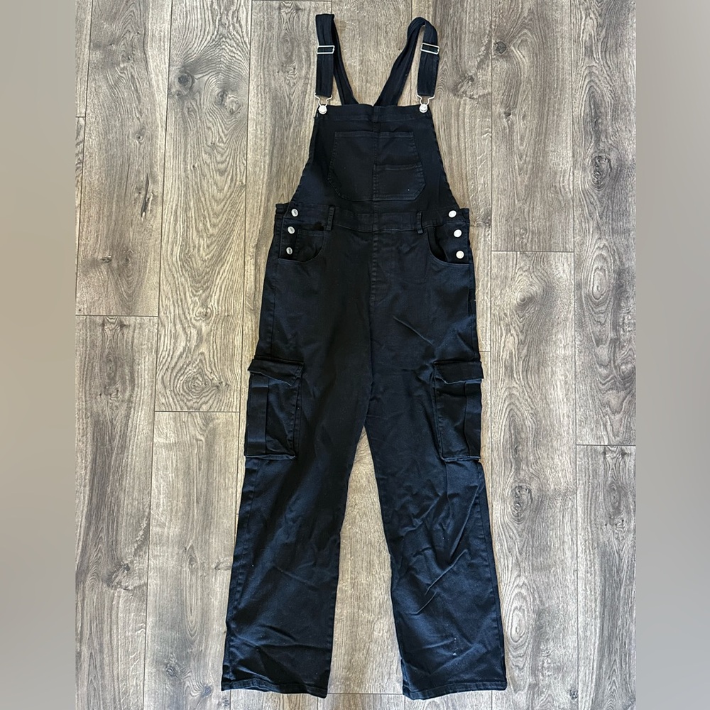 Pink blush maternity black cargo overalls size large